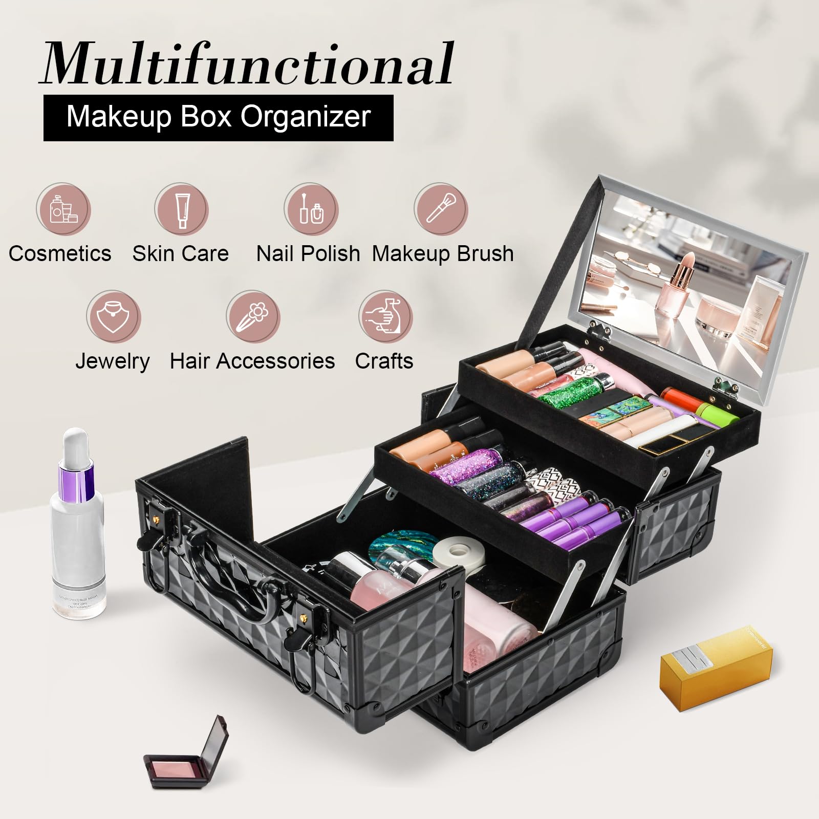 VETALLO Travel Makeup Organizer Case with Mirror - Large Portable Cosmetic Storage Box for Women | Perfect for Travel, Home Vanity & Bestie Gifts (Black)