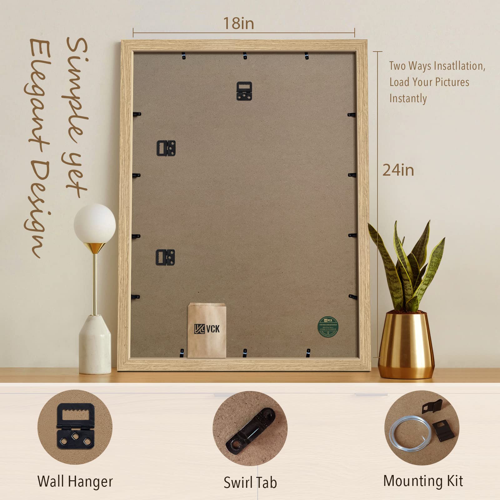 VCK 18x24 Inch Poster Frame Set of 3 - Oak Wood Picture Frames with Wall Hanging Kit, Natural Solid Wood Photo Frames for Home Decor, Office, Gallery Wall Display