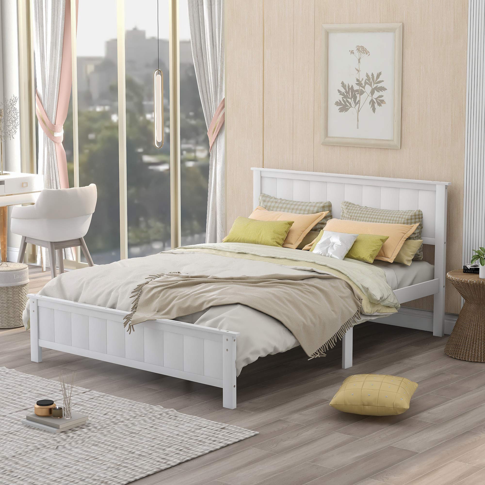 Kteam Full Size Platform Bed Frame with Headboard - Solid Wood Slat Support, No Box Spring Needed, White - Perfect for Modern Bedrooms & Guest Rooms