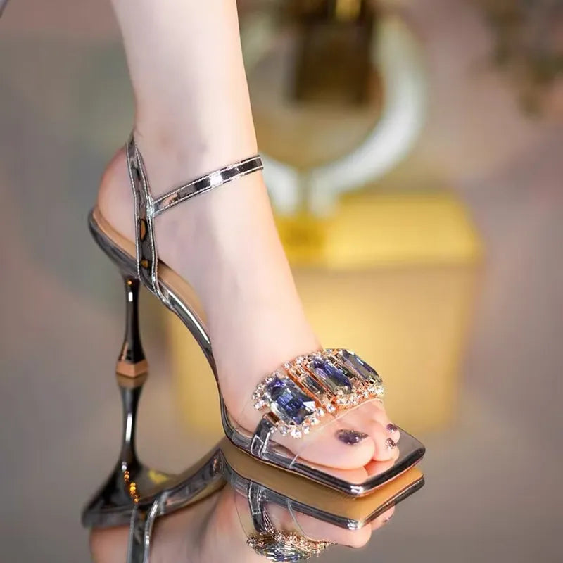 Luxury Gold & Silver High Heel Sandals for Women - Summer Square Toe Crystal Ankle Strap Party Pumps with Thin Heel - Perfect for Weddings, Prom, Evening Events & Special Occasions