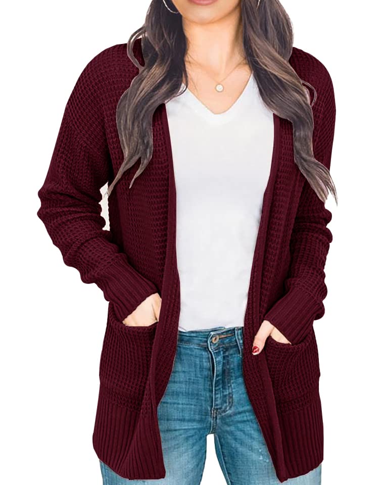 IWOLLENCE Women's Lightweight Waffle Knit Open Front Cardigan Sweater with Pockets - Soft Long Sleeve Casual Cover Up for Fall, Spring & Layering Outfits