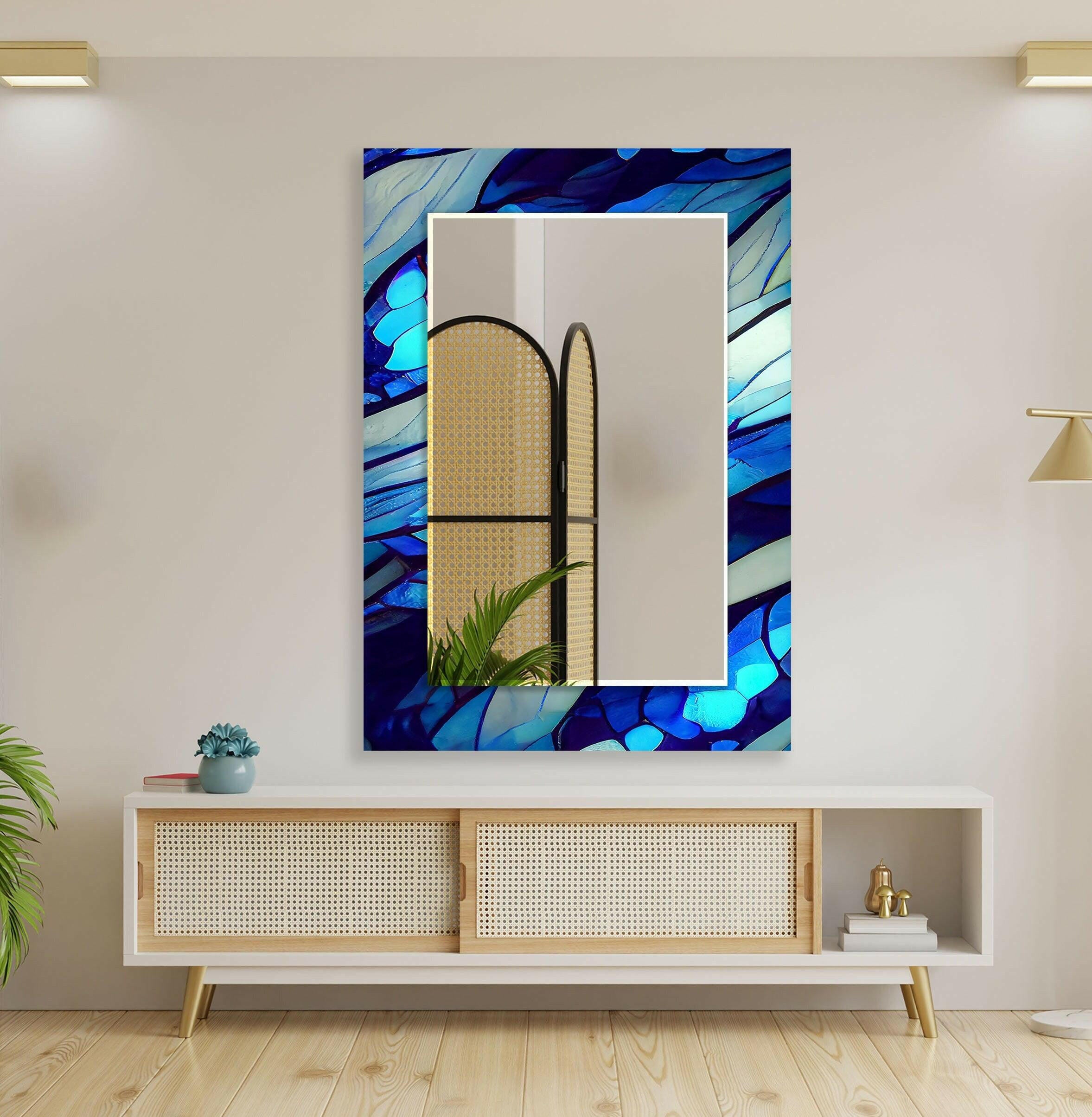 Blue Nacreous Abstract Wall Mirror - Modern Home Decor for Living Room, Bedroom & Entryway - Stylish & Elegant Interior Design Accent