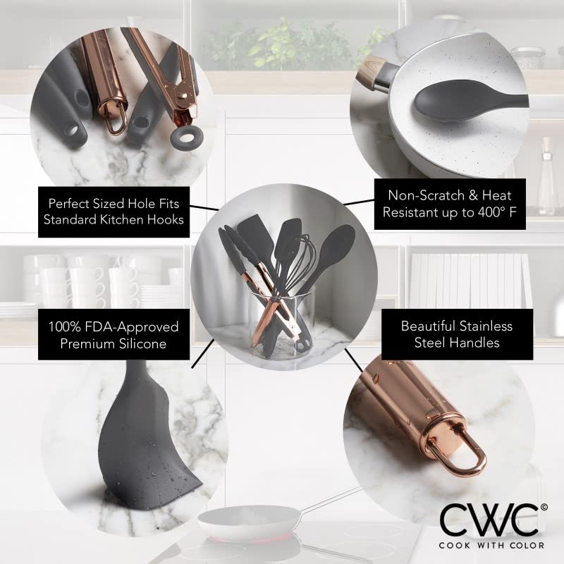 COOK WITH COLOR Silicone Cooking Utensils Set - Easy to Clean, Nonstick Cookware Safe Kitchen Gadgets, Gray - Perfect for Everyday Cooking & Baking