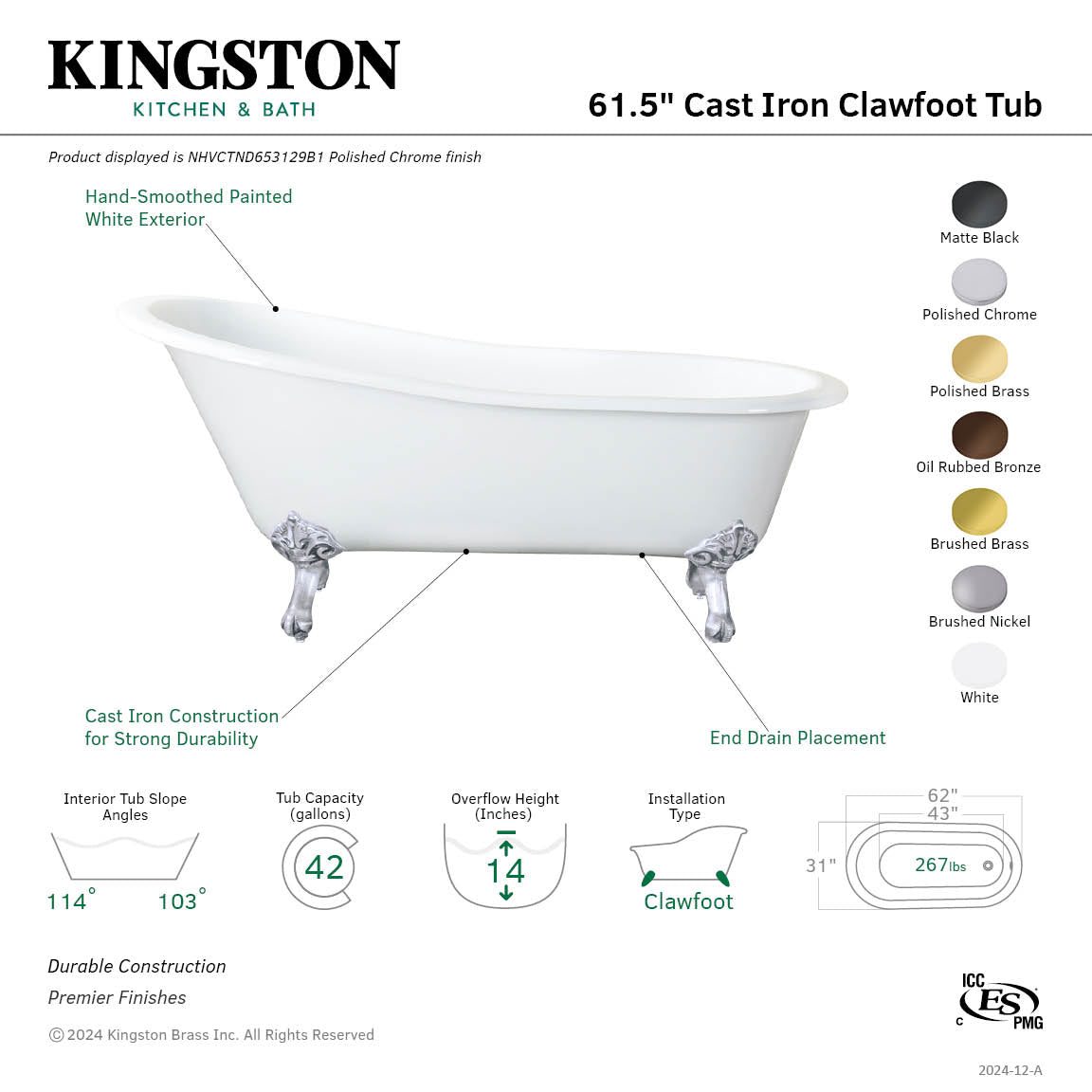 Aqua Eden 61 Inch White Matte Black Cast Iron Oval Single Slipper Clawfoot Bathtub - No Faucet Drillings - Vintage Freestanding Soaking Tub for Bathroom, Spa & Luxury Home Decor