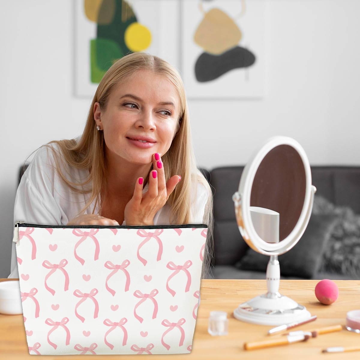 JioJio Chan Coquette Pink Bow Makeup Bag - Trendy PU Leather Cosmetic Pouch for Teen Girls, Perfect Birthday Gift for Sister, Daughter, BFF & Friends | Great for School, Travel & Daily Makeup Storage