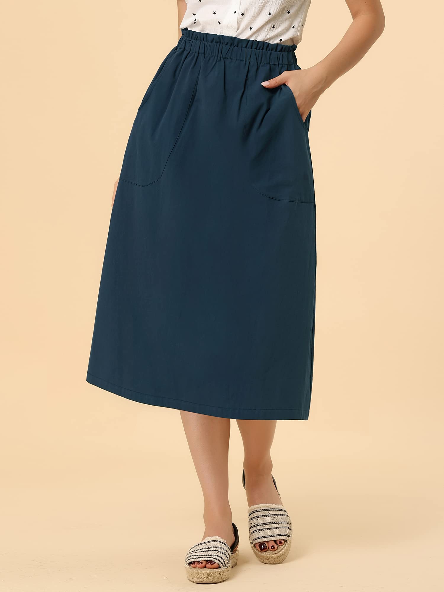Allegra K Women's Casual Cotton Skirt - Elastic Waist A-Line Midi Skirt with Pockets | Summer Boho Peasant Skirt for Beach, Travel & Everyday Wear