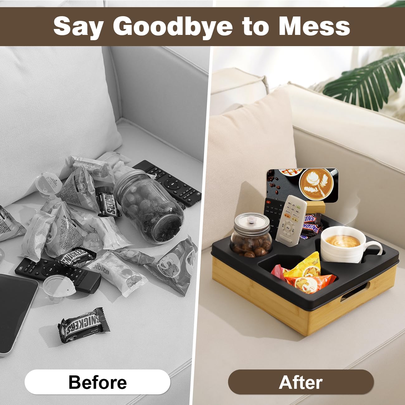 Rotatable Couch Cup Holder Tray with Phone Stand - Waterproof Sofa Caddy Organizer for Drinks, Snacks & Remote Control - Anti-Spill Bedside & Living Room Accessory (Black) | Perfect for Movie Nights, Gaming & Relaxing on Sofa or Bed
