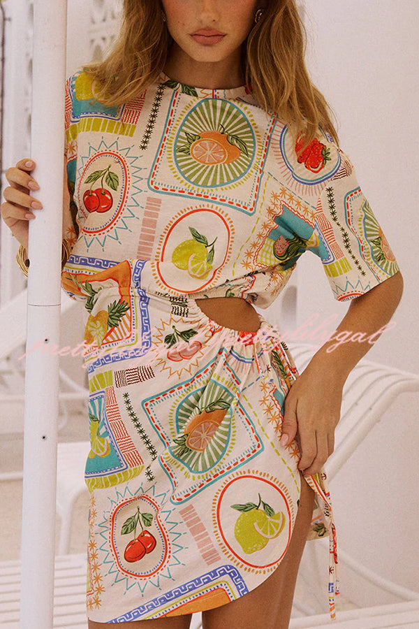 Summer Fruit Print Short Sleeve Off-Shoulder Tie Waist Mini Dress - Floral Summer Dress for Beach Vacation, Party & Date Night