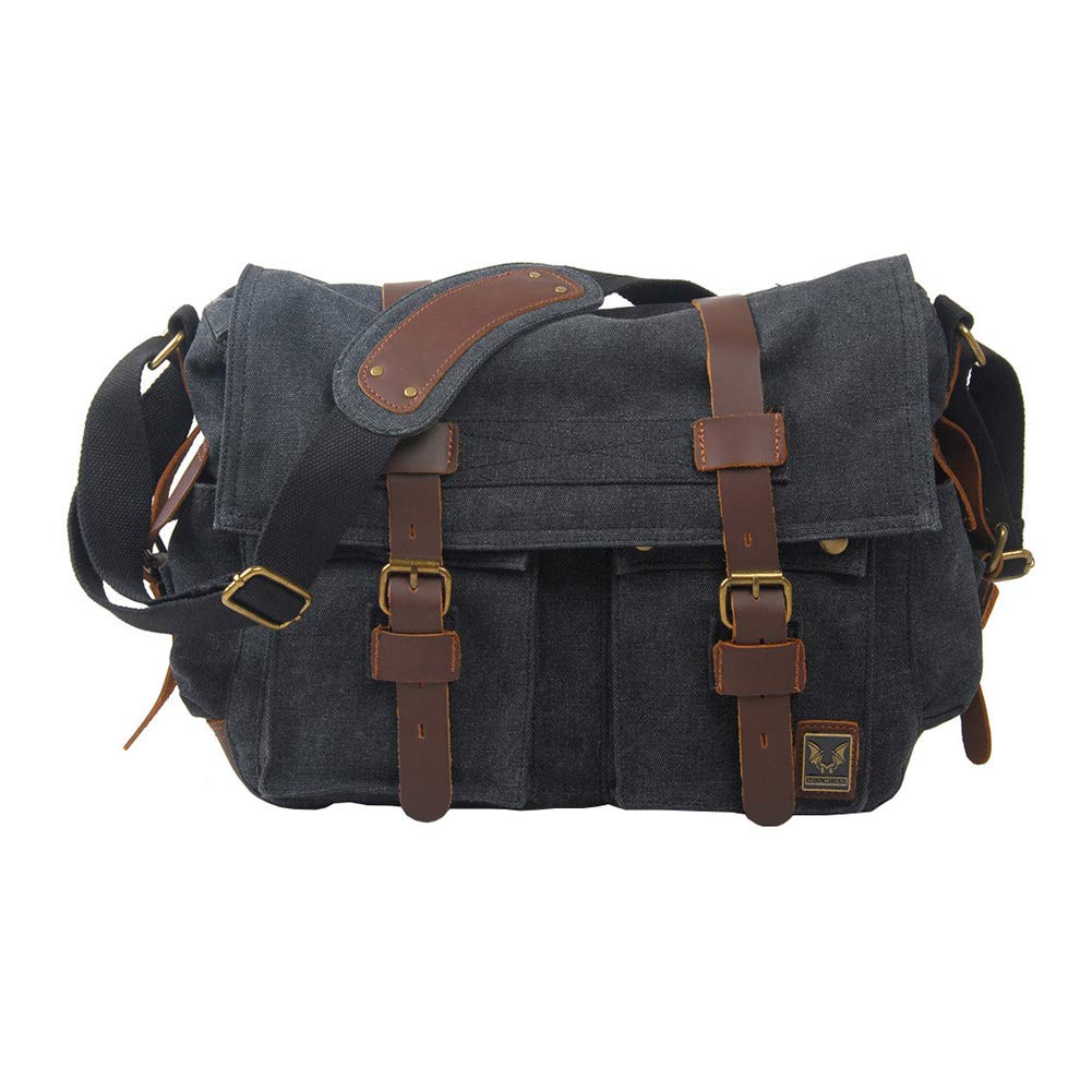 Vintage Military Satchel Messenger Bag - Durable Canvas Shoulder Crossbody Bag for Men & Women (Carbon Black) - Perfect for Travel, Work & Outdoor Adventures