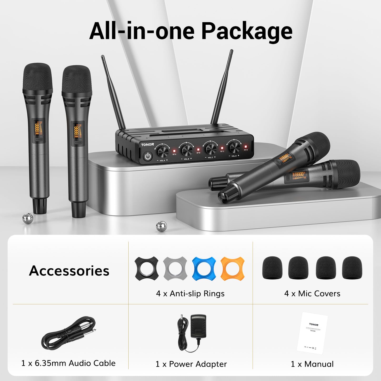 TONOR Wireless Microphone System - 4x10 Channel UHF Cordless Handheld Mic with 200FT Range, Stable Signal for Karaoke, Church, Wedding & Events | Ideal for Live Performances, Public Speaking & Professional Audio Setups