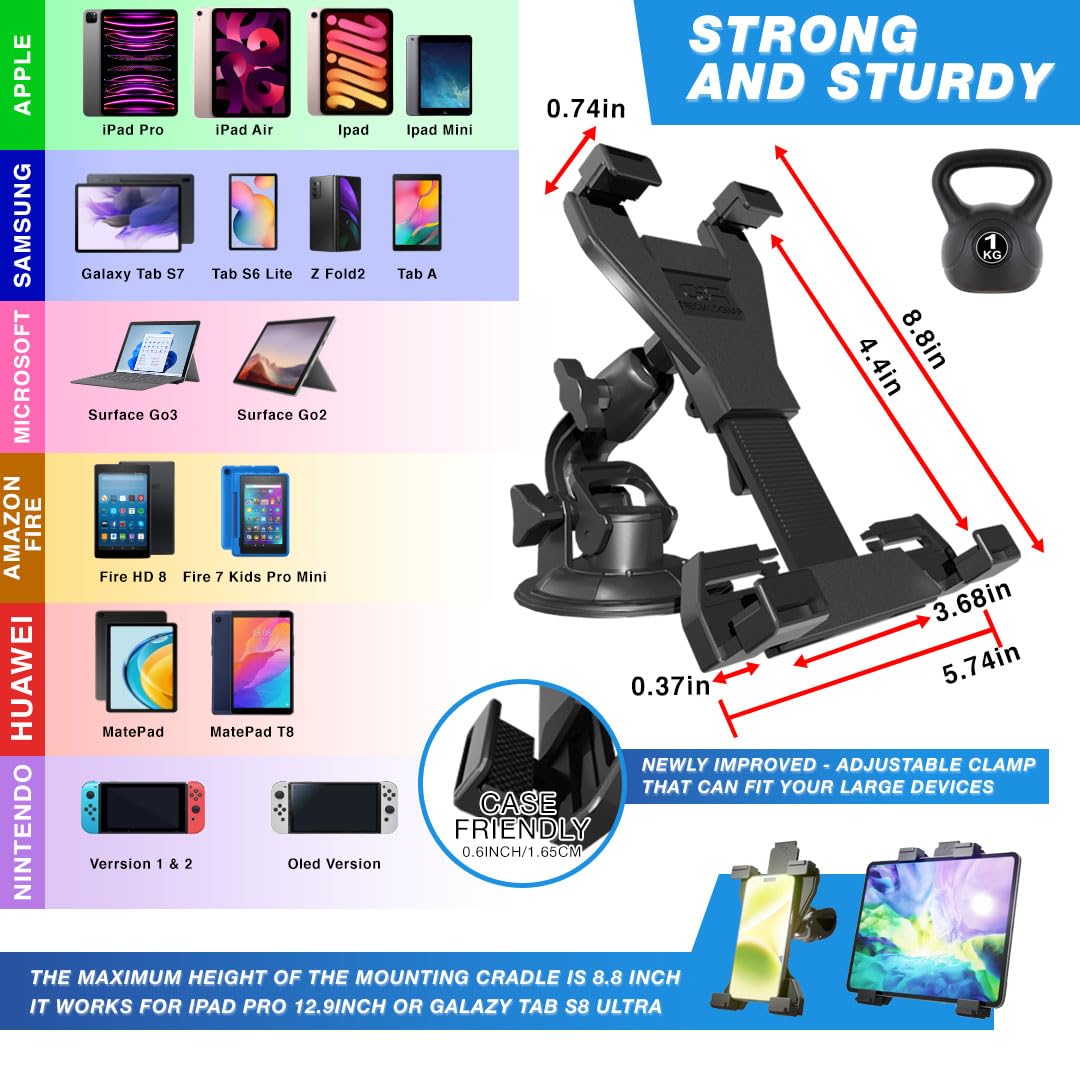 Randconcept 3-in-1 Heavy Duty Car Dashboard Tablet Holder - Universal Windshield Suction Cup & Air Vent Mount for iPad Pro, iPad Mini, Galaxy Tab (6