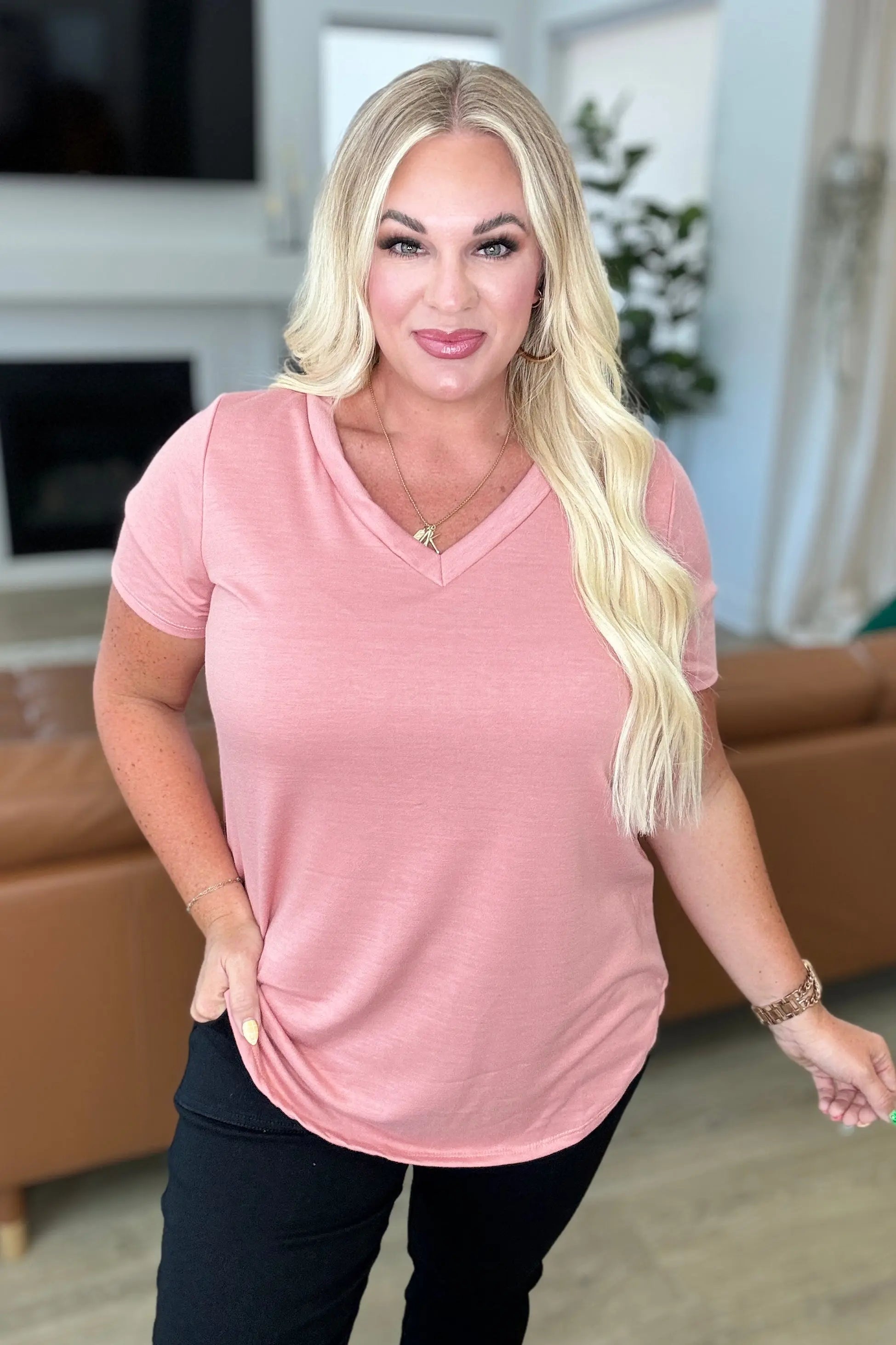 Heart and Soul V Neck Top in Dusty Pink - Women's Casual Blouse for Everyday Wear, Date Night & Office Outfits