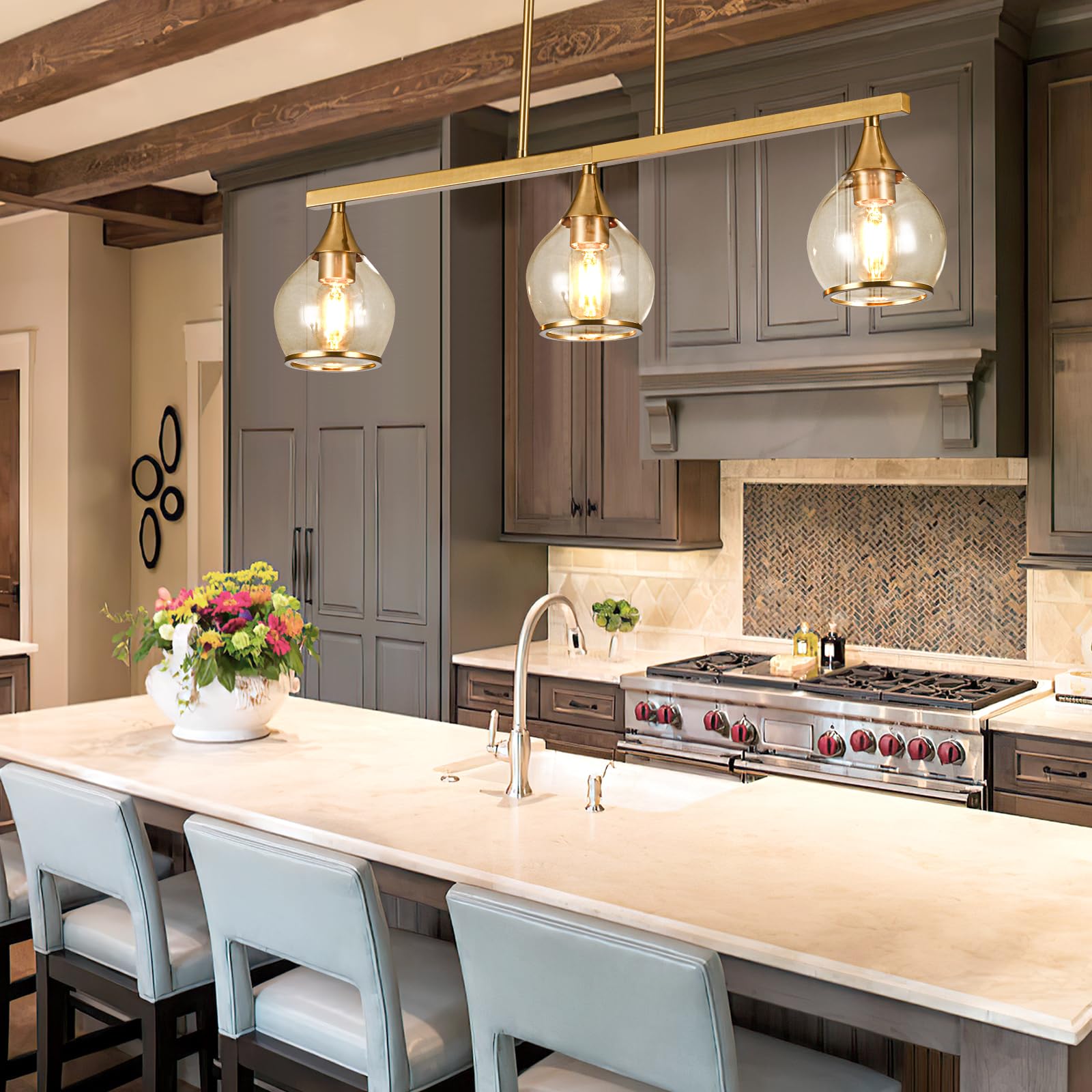 3-Light Gold Kitchen Island Linear Hanging Pendant Chandelier - Brushed Gold Dining Room Light Fixture with Clear Round Glass Shades - Perfect for Kitchen Islands, Dining Tables, and Breakfast Bars