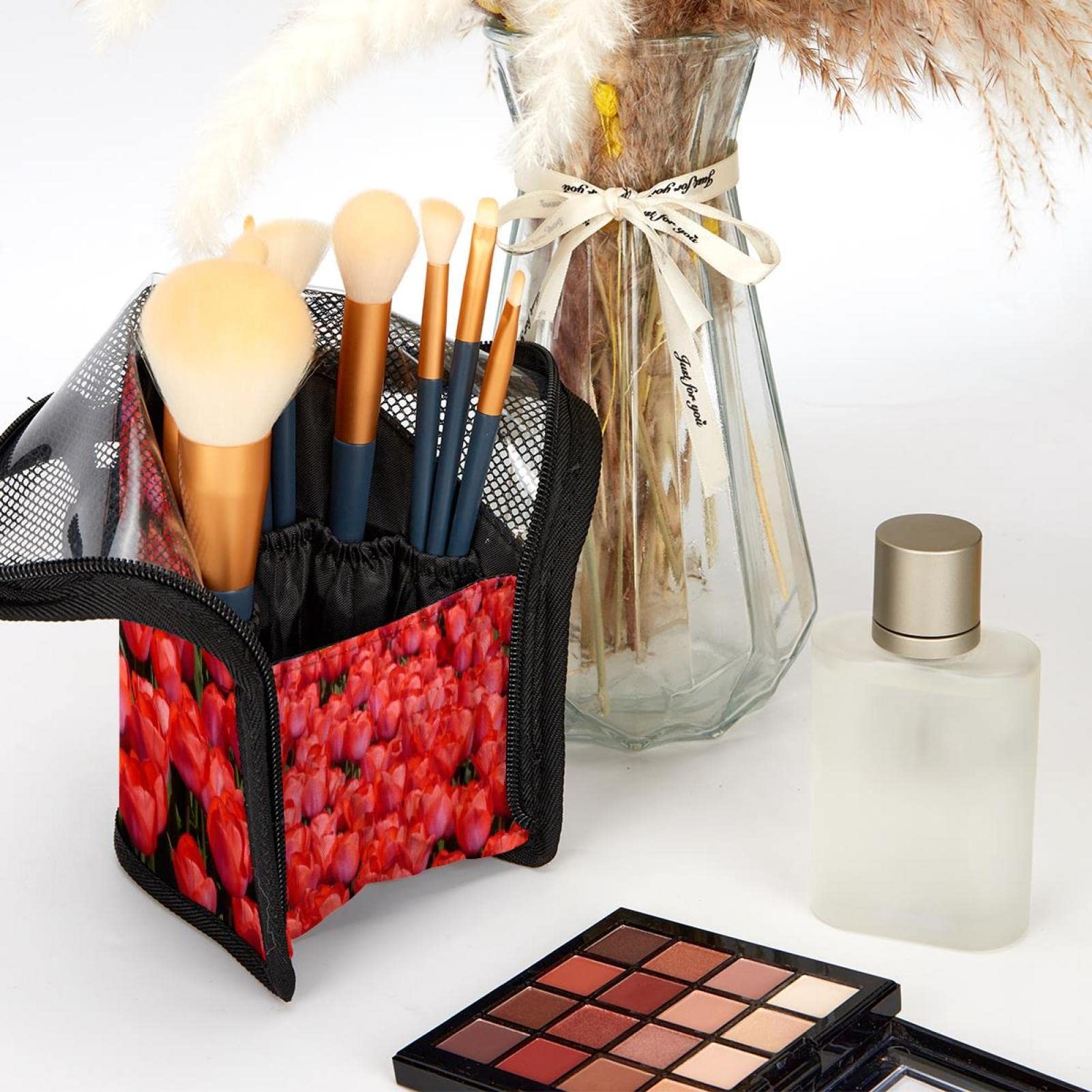 12-Piece Makeup Brush Organizer Bag with Tulip Flower Design - Portable Travel Cosmetic Brush Holder Case for Makeup Artists & Beauty Enthusiasts - Perfect for Home, Travel & Professional Use