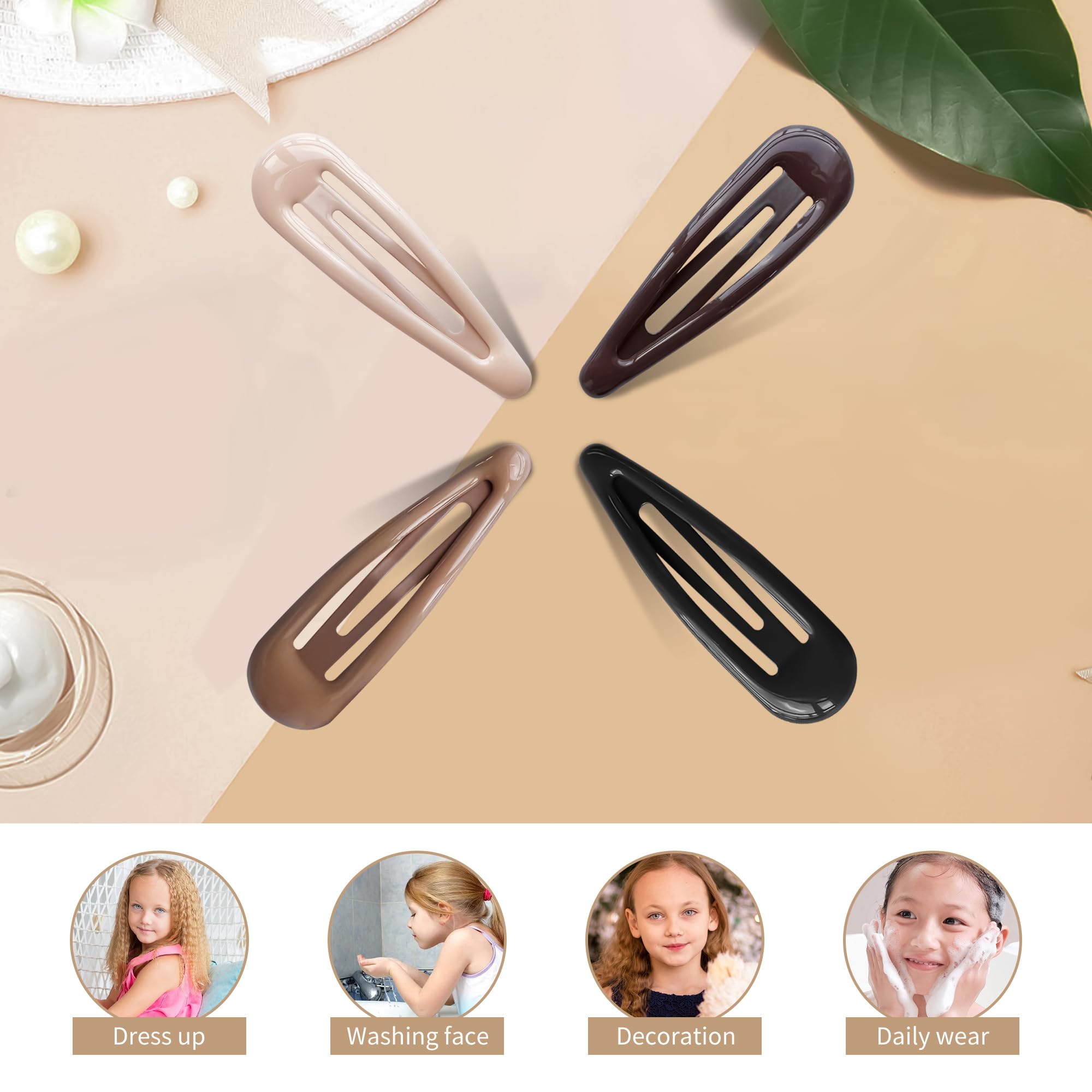 Water Drop Metal Snap Hair Clips - No Slip Hair Barrettes for Women (16 PCS) - Black, Brown, Beige - 2.36 x 0.6 Inches - Perfect for Thick, Thin & Fine Hair - Great for Work, School & Everyday Styling