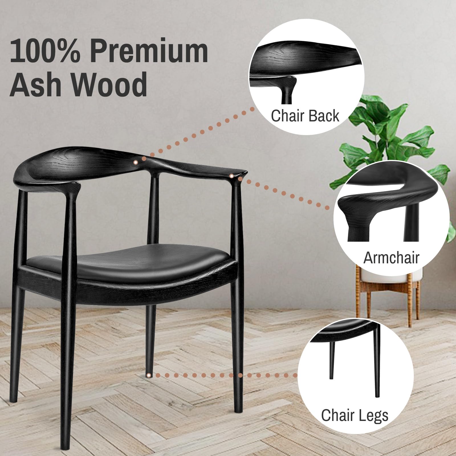 Kennedy Armchair - Upholstered Mid-Century Modern Dining Chair with Solid Wood Frame & Comfortable Seat, Fully Assembled (Black) - Perfect for Home Dining Room, Office Conference Table or Lounge Area Decor