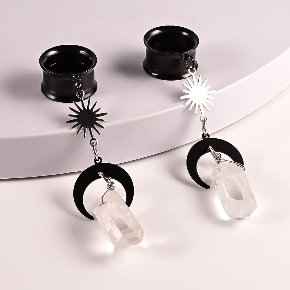 2PCS Moon Pendant Natural Stone Stainless Steel Dangle Ear Plugs Tunnels Stretcher Piercing Body Jewelry for Women Men - Boho Chic Style for Parties, Concerts & Everyday Wear