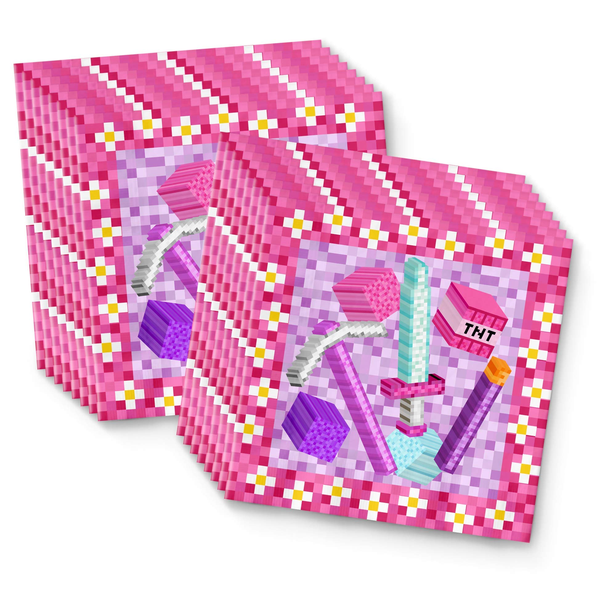 Girl's Pixel Mining Theme Birthday Party Supplies Set - 16-Piece Tableware Kit with Plates, Napkins & Cups - Perfect for Kids' Birthday Celebrations & Themed Parties