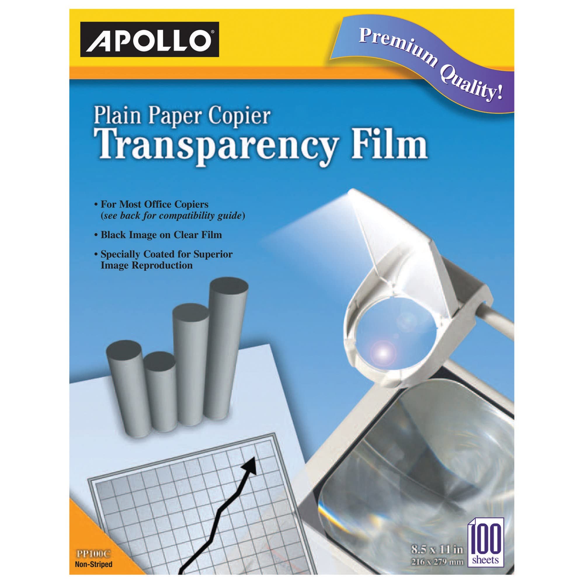 Apollo Plain Paper Copier Transparency Film - Black on Clear - 100 Sheets/Pack - Ideal for Overhead Projectors, Presentations, and School Projects