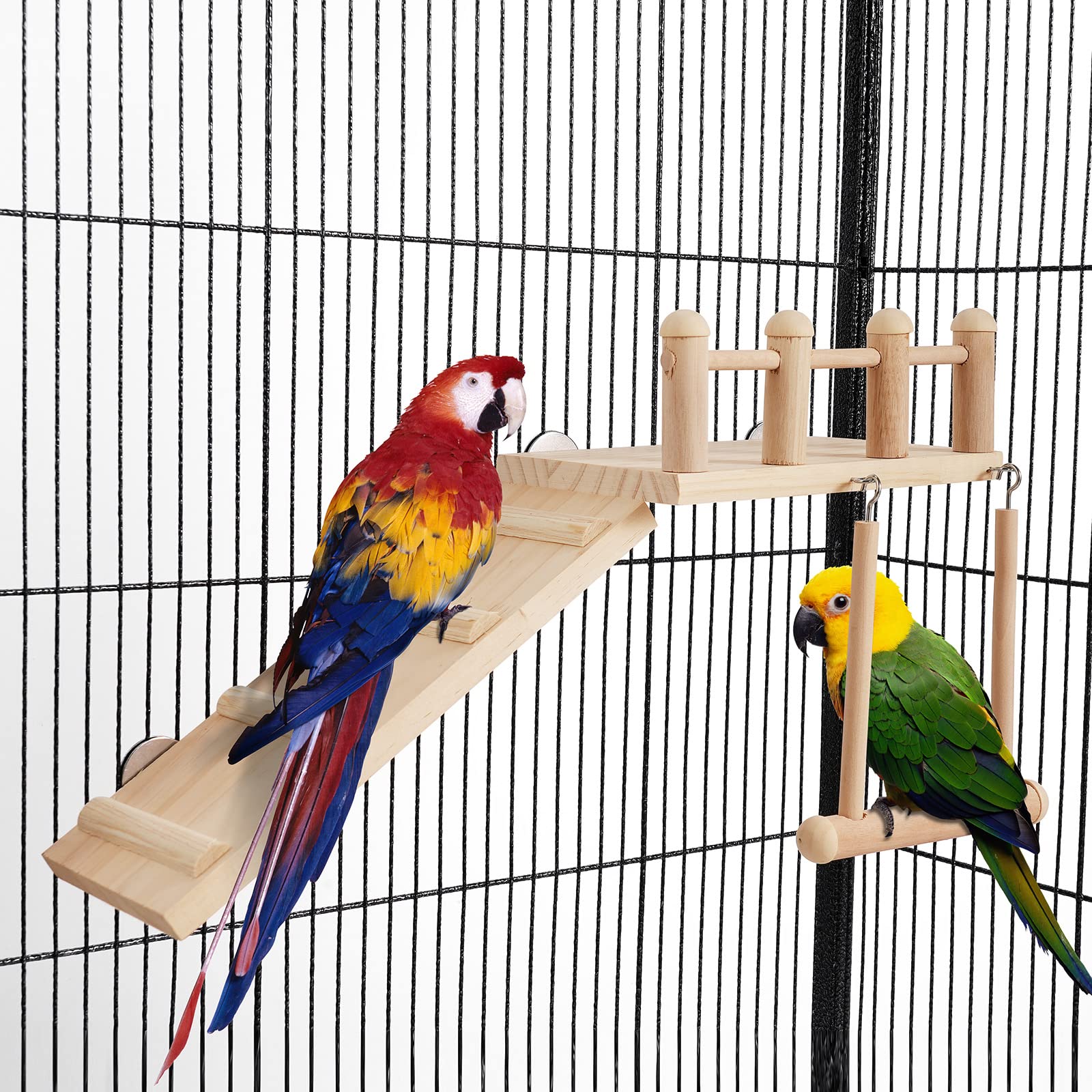 Wooden Bird Perches Platform Swing with Climbing Ladder - Sturdy Parakeet Cage Accessories & Small Bird Play Gyms for Exercise | Perfect for Cockatiels, Lovebirds & Finches in Aviaries or Home Cages