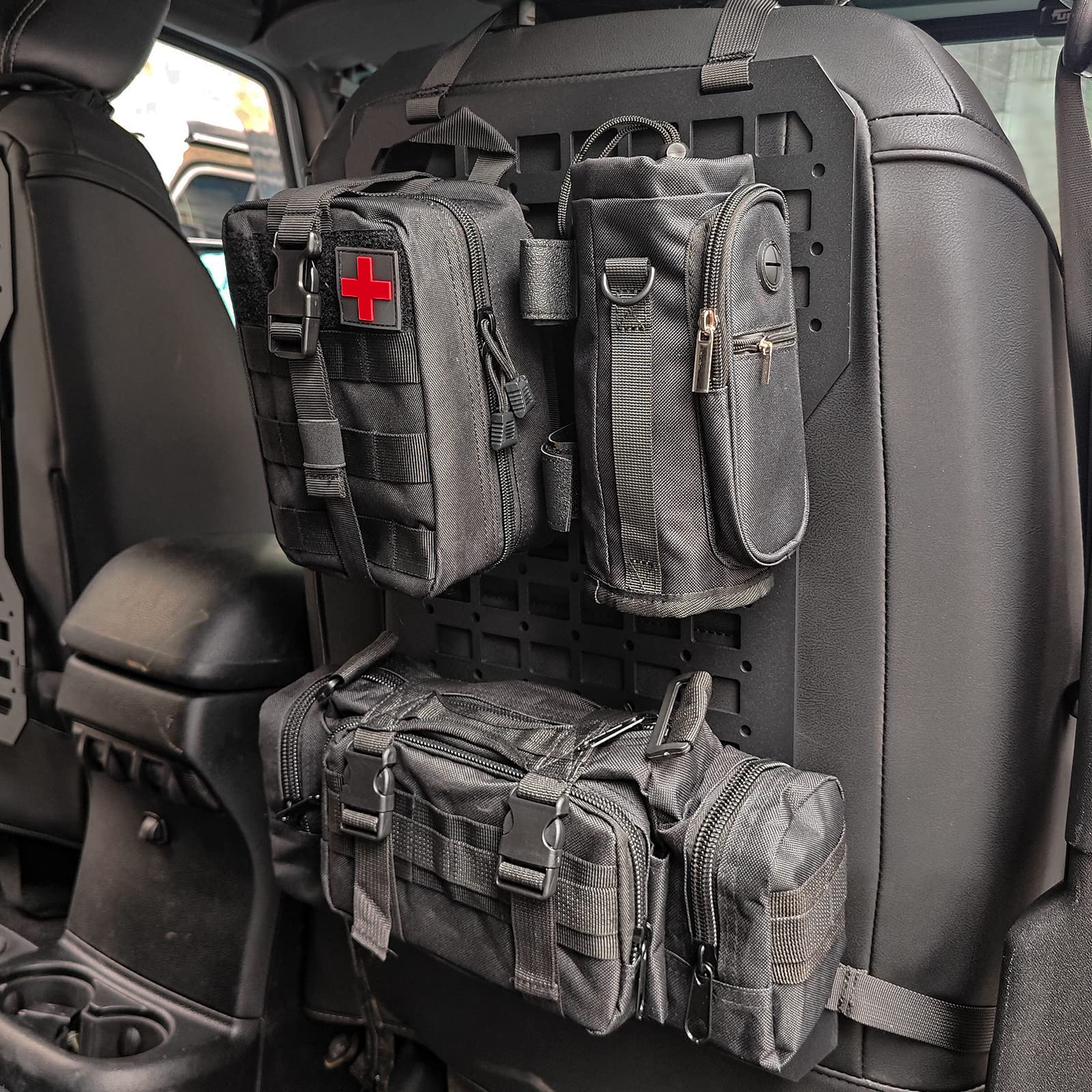 2-Pack Tactical Rigid MOLLE Aluminum Insert Panel with Multifunctional Storage Bag, First Aid Utility Pouch & Water Bottle Holder - Modular Platform with 20 Fastening Straps for Jeep, SUV, Car - Perfect for Outdoor Adventures, Emergency Preparedness & Vehicle Organization