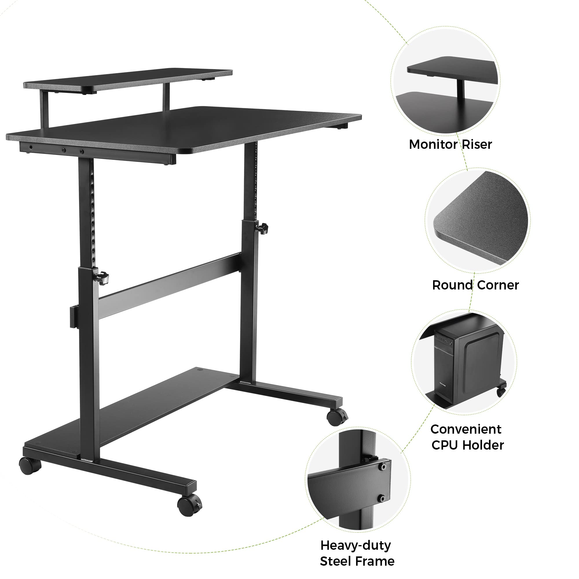 Eureka Ergonomic 41-Inch Adjustable Height Computer Desk with Hutch, CPU Stand & Lockable Wheels - Rolling Sit Stand Desk for Home Office - Black | Perfect for Small Spaces & Remote Work