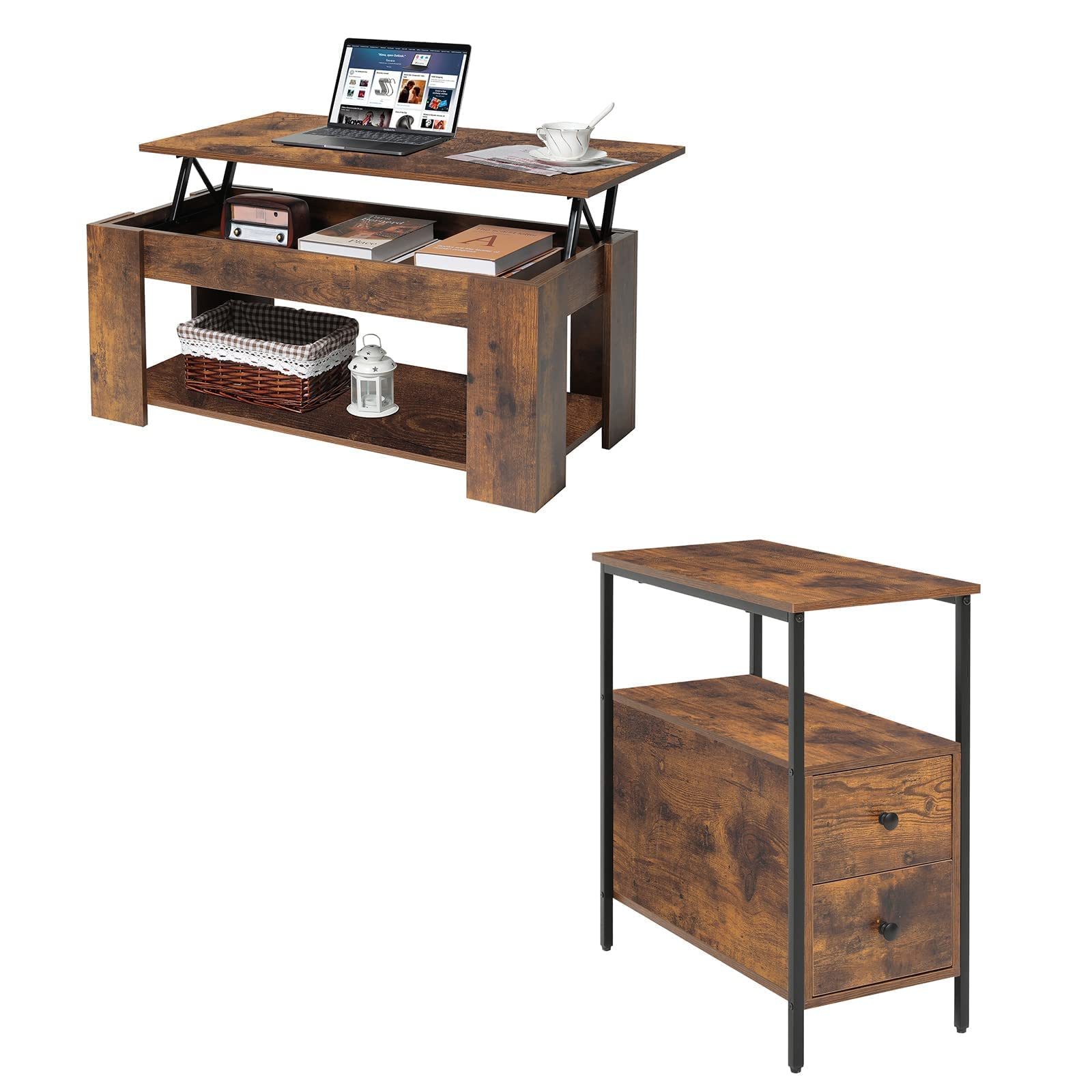 WEENFON Lift Top Coffee Table with Hidden Storage & Narrow Nightstand with 2 Drawers - Wooden Lift Table Top Sofa Table for Small Spaces in Rustic Brown - Perfect for Living Room, Bedroom, and Studio Apartments