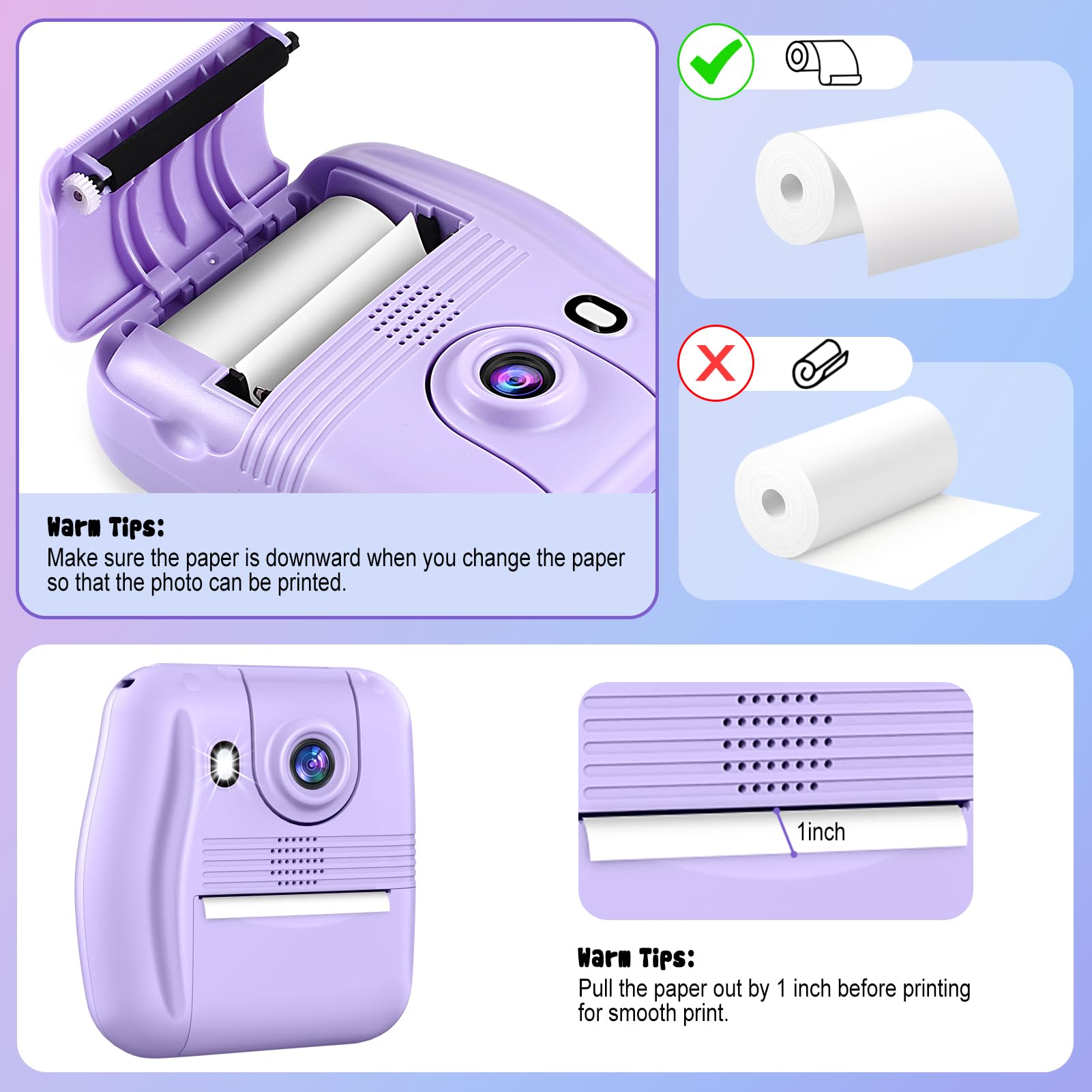 Kids Instant Print Camera with 6 Rolls of Print Paper - Fun & Easy-to-Use Toy Camera for Children's Birthday Parties, Travel & Creative Play