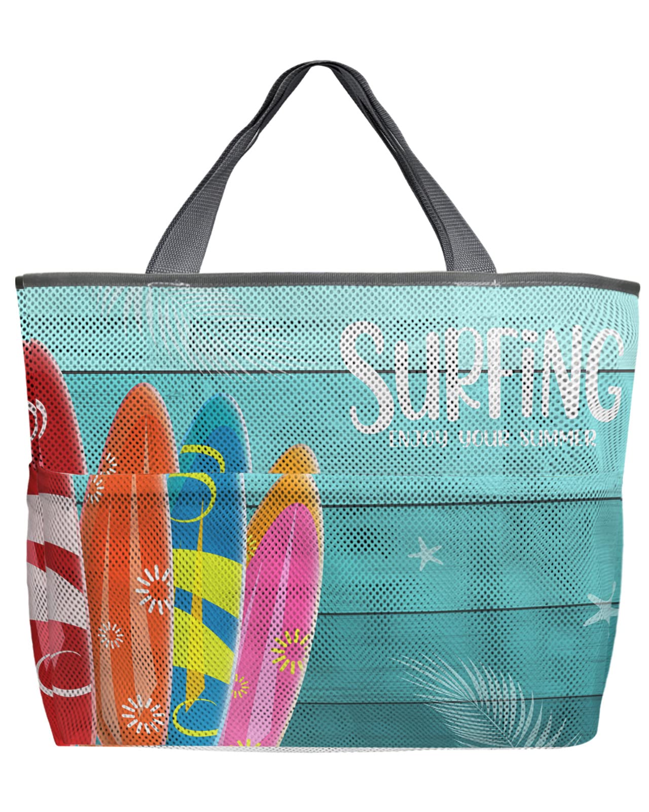 Large Mesh Beach Bag - Lightweight Waterproof & Sandproof Surfboard Tote for Summer, Surfing, Pool & Travel - Wood Grain Design