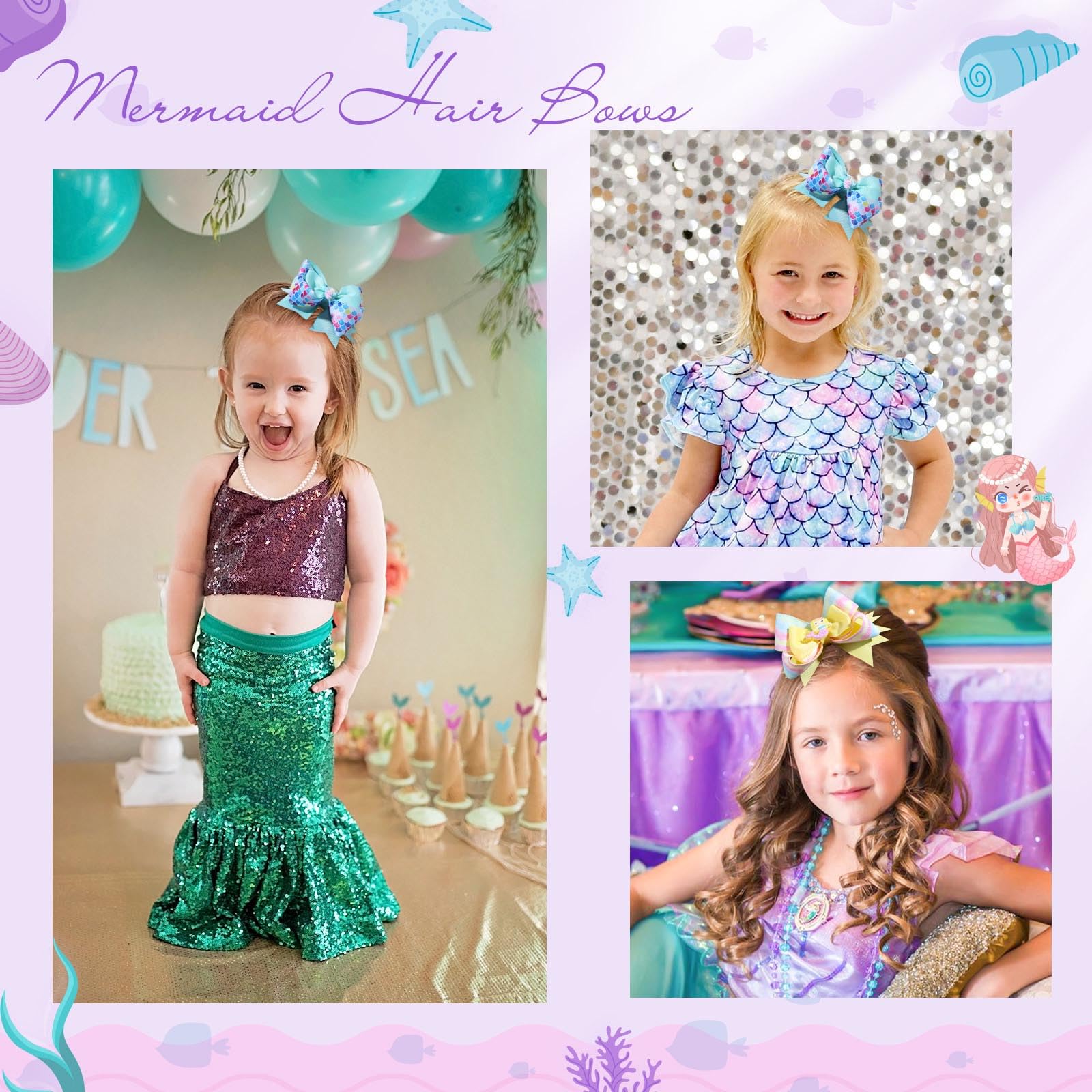 Oaoleer 2 Pack 4.5 Inch Mermaid Hair Bows for Girls - Grosgrain Ribbon Hair Clips with Alligator Clips - Cute Hair Accessories for Toddlers Kids Teens (Yellow+Green) - Perfect for Birthday Parties School Events Dance Recitals