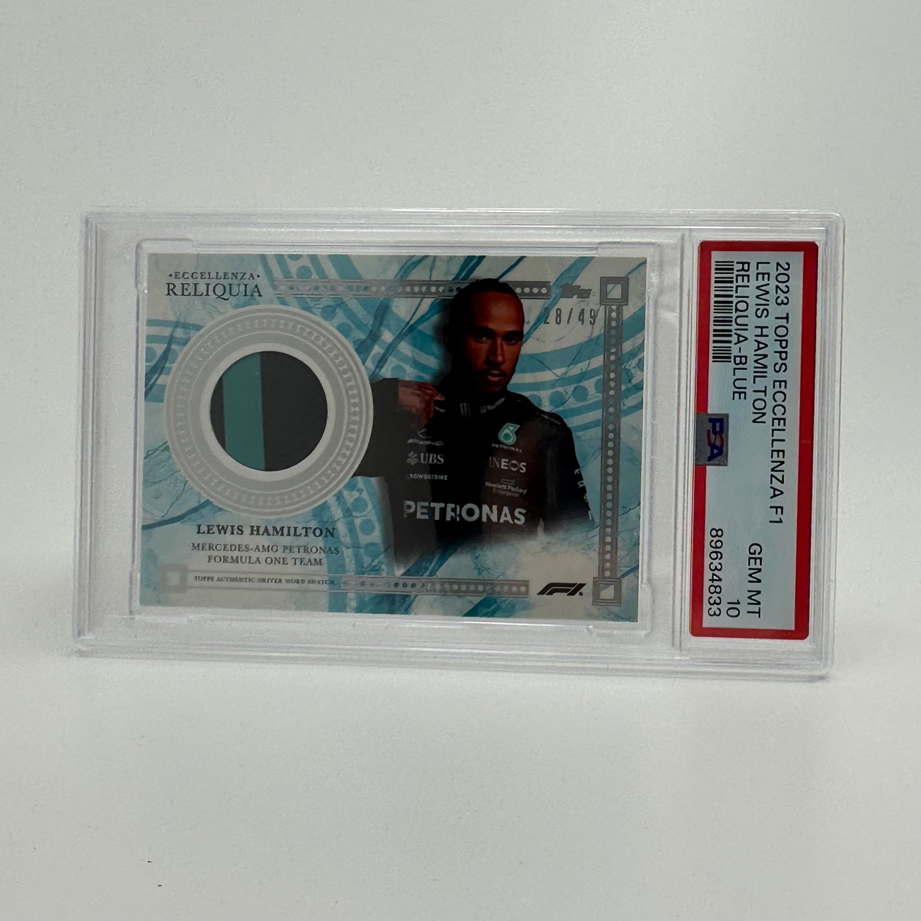 2023 Topps Eccellenza Lewis Hamilton PSA 10 Blue Relic Card 28/49 - Perfect for F1 Collectors, Sports Memorabilia Displays & Racing Enthusiast Gifts
