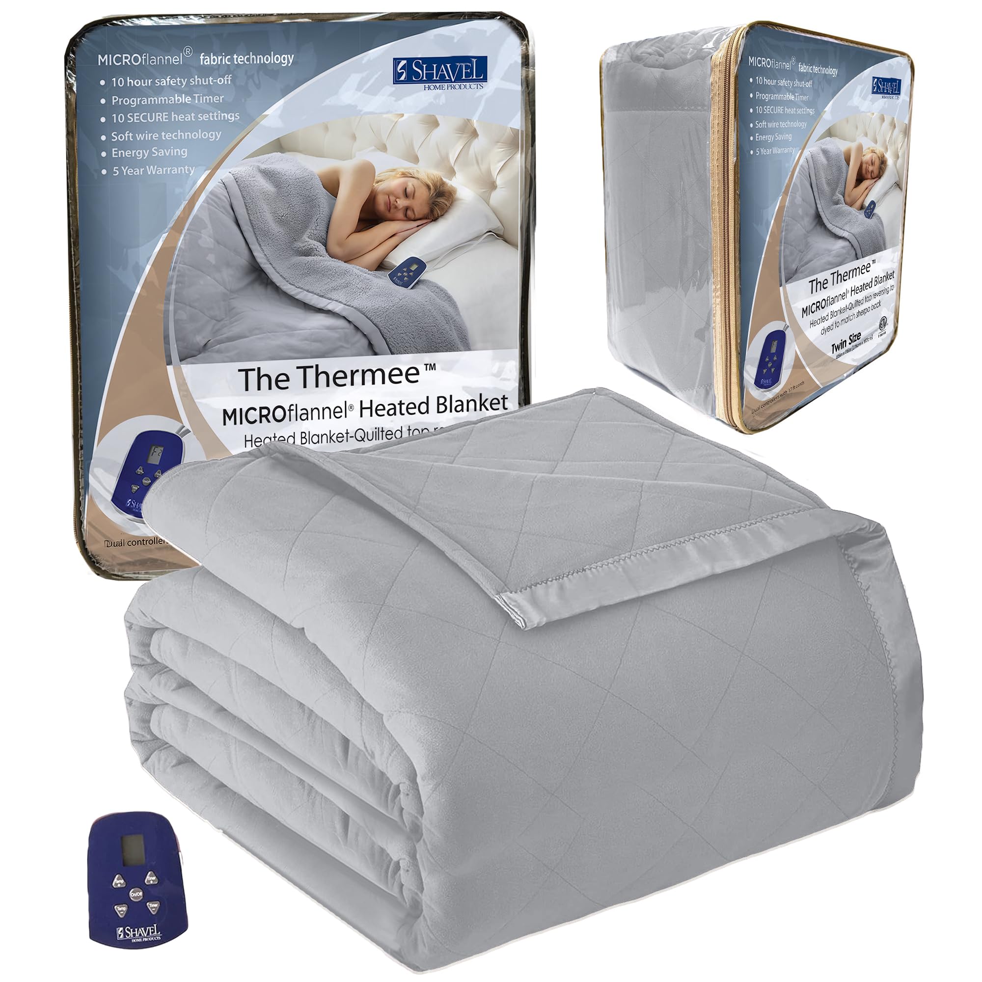 Thermee Micro Flannel Twin Size Heated Blanket - 10 Heat Settings, Programmable Electric Warming Blanket, Ultra Soft & Fast Heating Throw for Bed, Couch & Office - Slate Grey