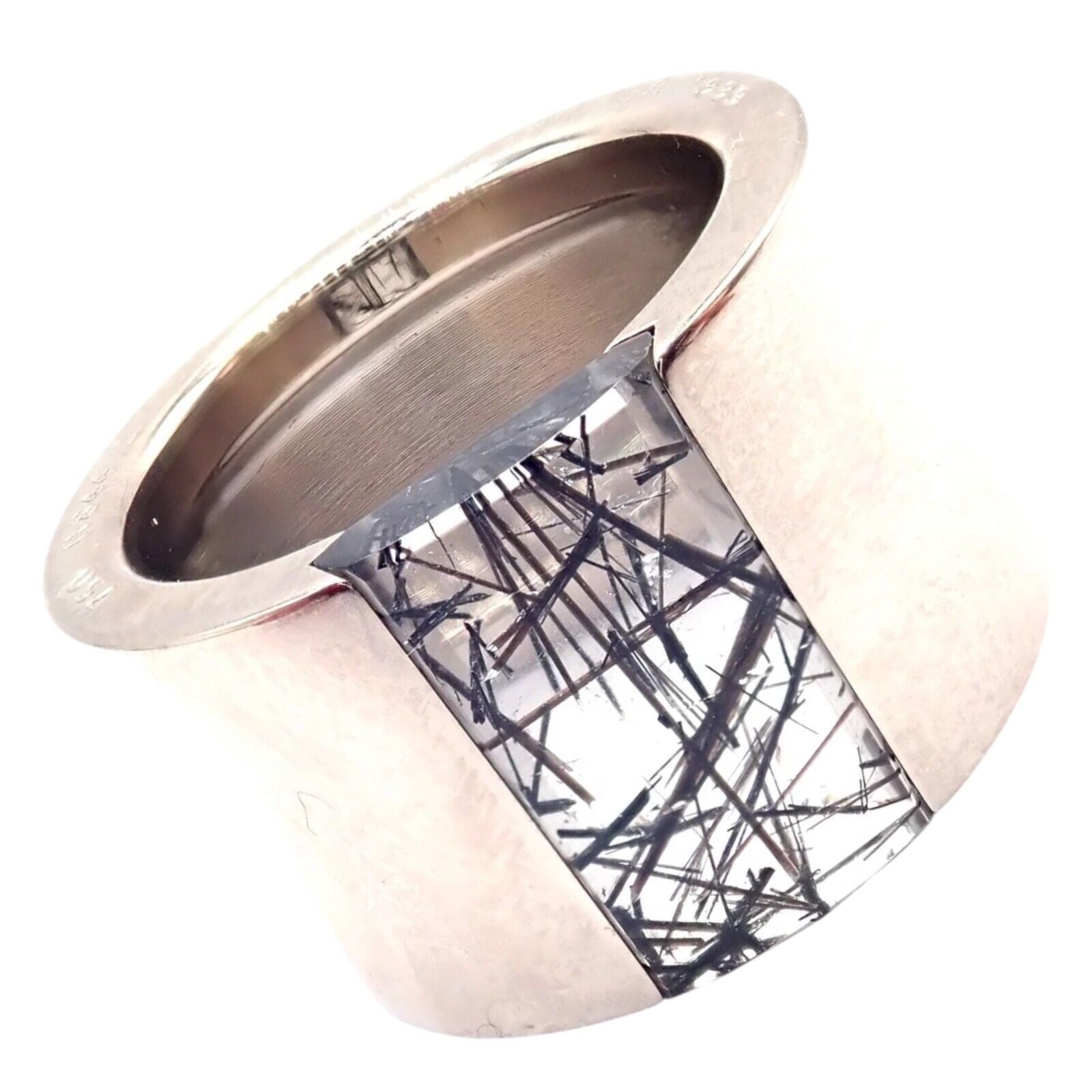 Authentic Cartier 18k White Gold Rutilated Quartz Wide Band Ring Size 7 (US) - Luxury Wedding Jewelry & Anniversary Gift for Women