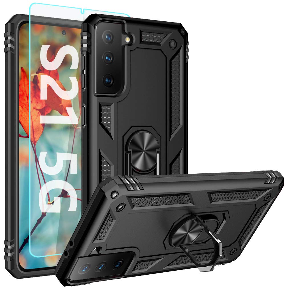 Military Grade Shockproof Case for Samsung Galaxy S21 5G 6.2 Inch - Hybrid Hard PC & Soft TPU Protective Cover with HD Screen Protector & Ring Car Mount Kickstand (Black) - Perfect for Daily Use, Travel, and Outdoor Activities