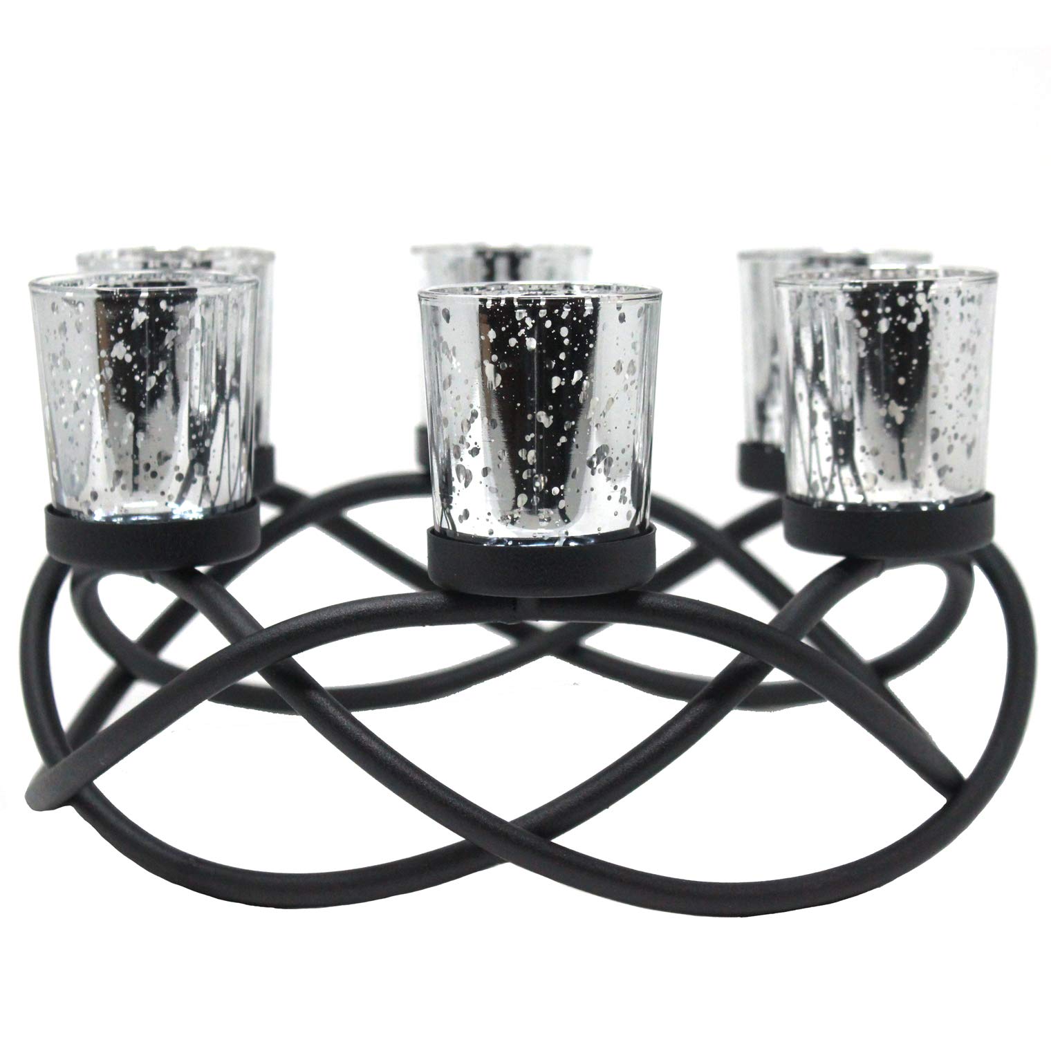 Seraphic Iron Round Table Decor - Christmas Centerpiece & Candle Holder for Weddings, Outdoor Patio, Dining Room, Coffee Tables - Glass Votive Tealight Holders (Black with 6 Silver Cups) - Perfect for Holiday Decorations, Romantic Dinners & Home Interior Design
