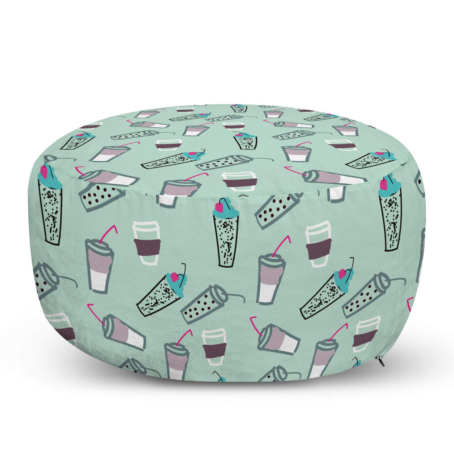 Ambesonne Hipster Ottoman Pouf with Coffee Cups Print - Soft Decorative Foot Rest with Removable Cover for Living Room & Bedroom - Almond Green Multicolor - Perfect for Relaxing with Coffee or as Stylish Home Decor