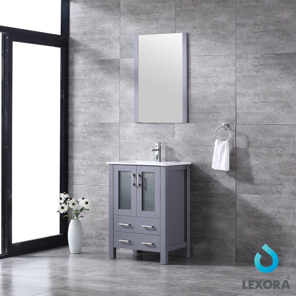 Volez 24 Inch Bathroom Vanity Set with Dark Grey Cabinet, White Ceramic Sink Top & 22 Inch Mirror - Modern Space-Saving Design for Small Bathrooms, Powder Rooms & Apartments