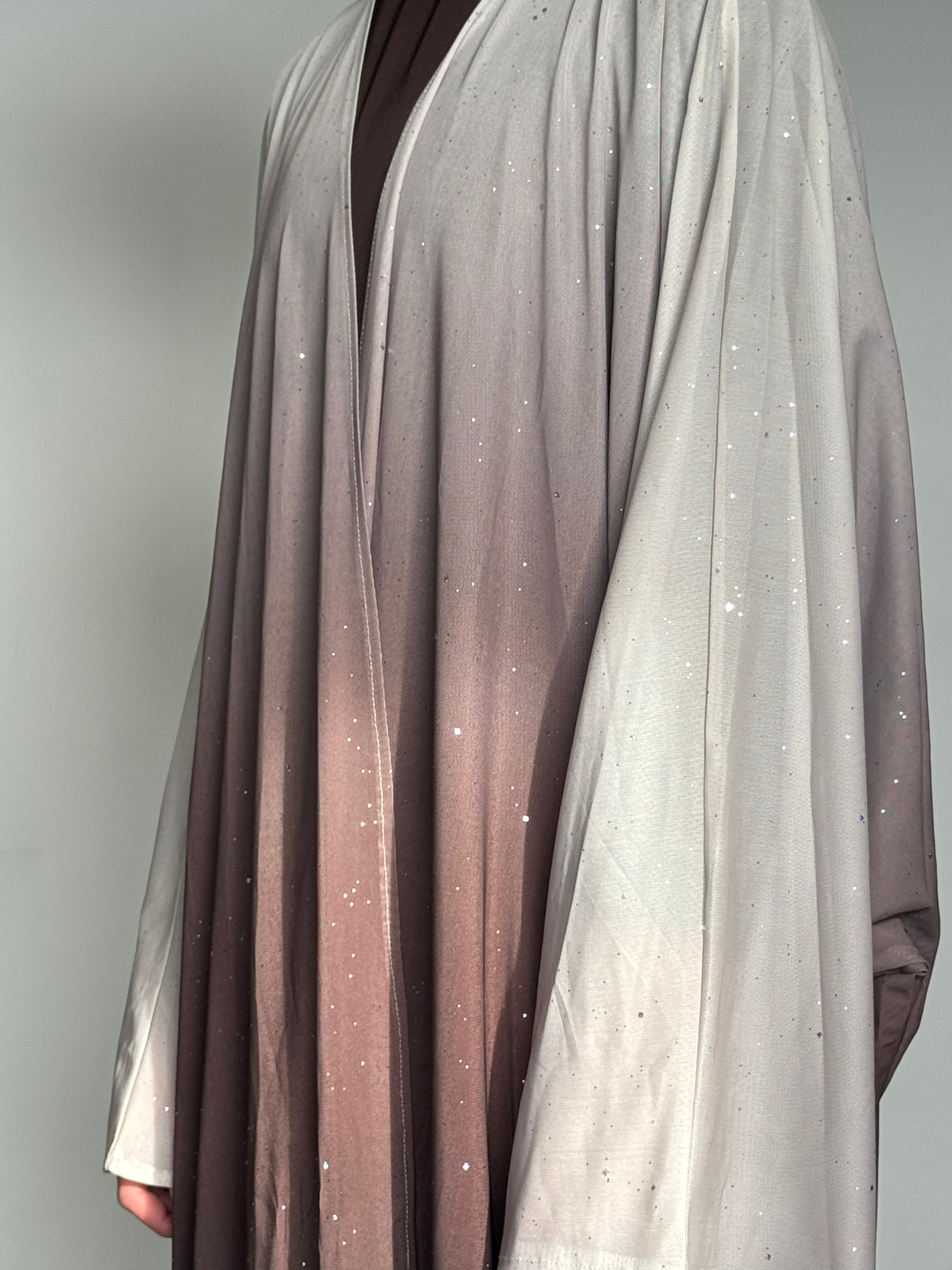 Elegant Brown & Beige Open Front Abaya with Sparkles - Modest Muslim Dress for Women - Perfect for Prayer, Eid, Weddings & Special Occasions