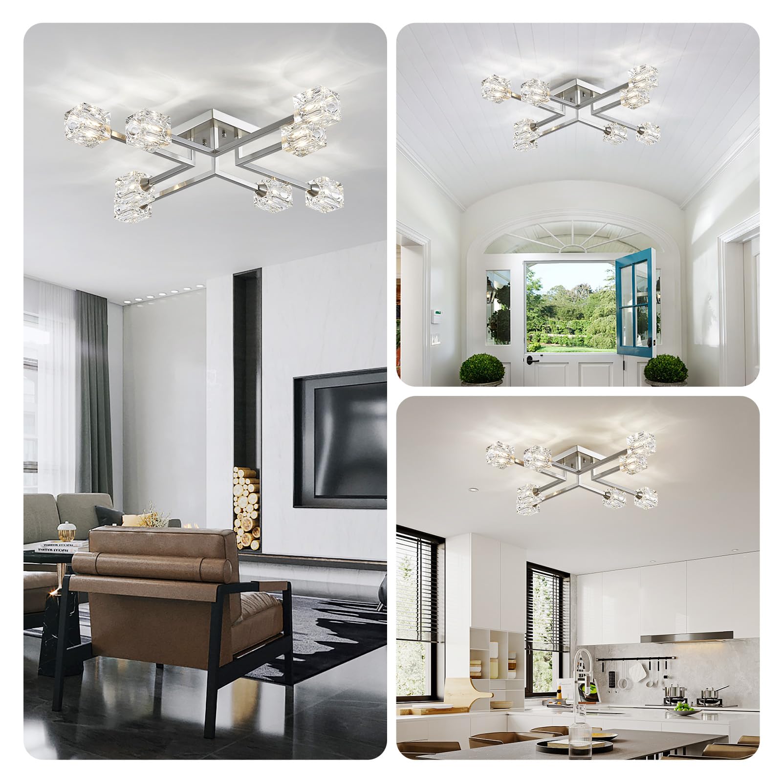 XINGQI 8-Lights Modern Semi Flush Mount Ceiling Light Fixture - Brushed Nickel Sputnik Chandelier for Dining Room, Living Room, Kitchen, Bedroom & Entryway - Elegant Lighting Solution for Home Decor & Interior Design