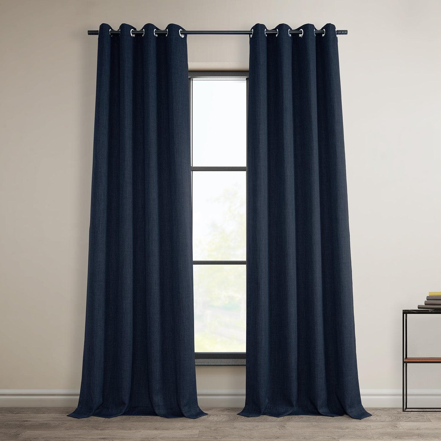 Nightfall Navy Grommet Textured Faux Linen Blackout Curtains - Room Darkening Window Treatment for Bedroom & Living Room