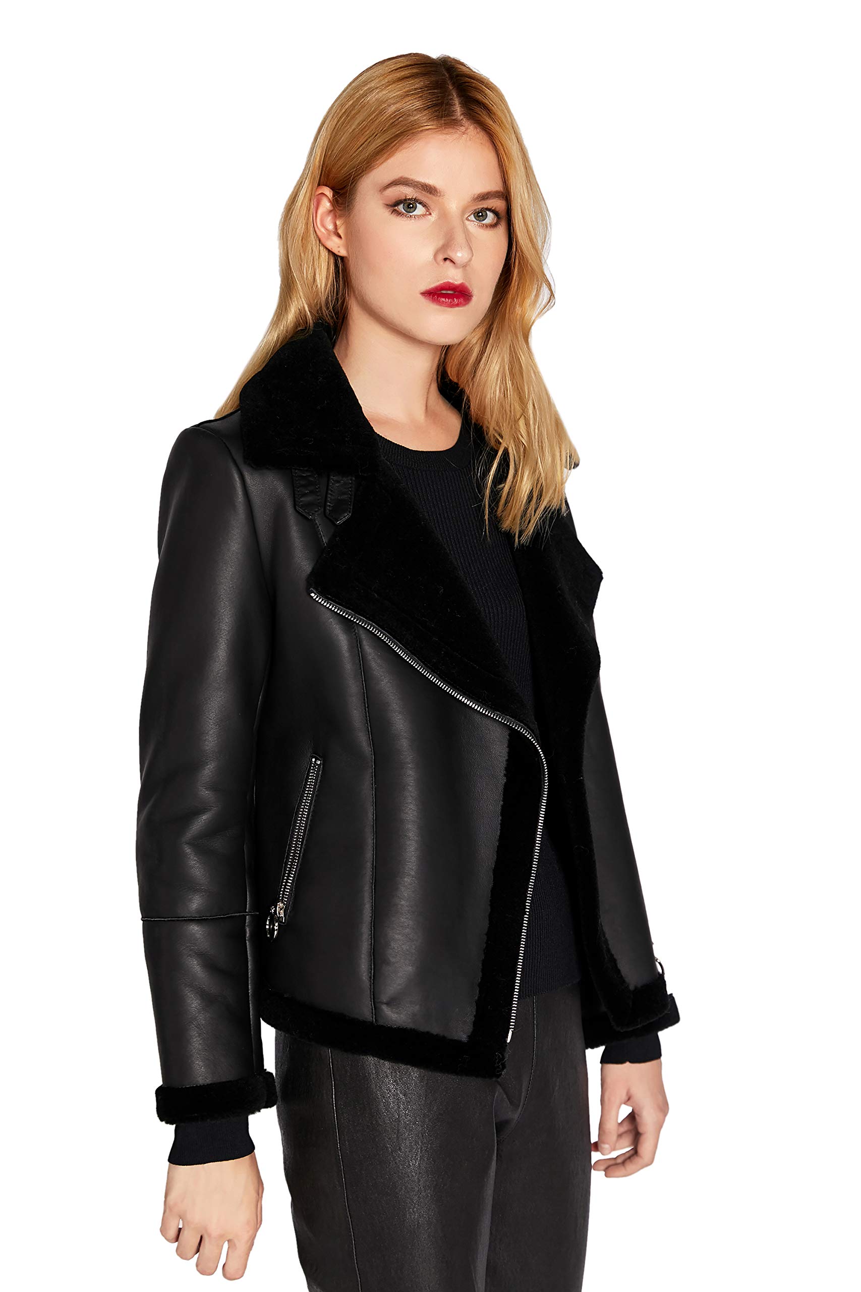 Genuine Lambskin Leather Jacket for Women - Soft Lamb Shearling Zip Up Short Motorcycle Biker Jacket - Perfect for Riding, Casual Wear & Winter Fashion