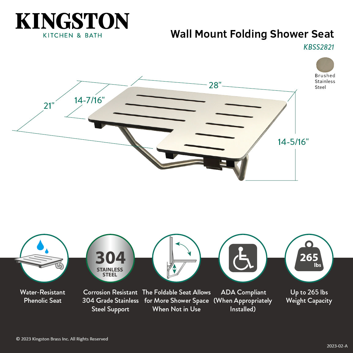ADA Compliant Fold Down Shower Seat - 28x21 Inch Wall Mount Stainless Steel Bench for Elderly & Disabled - Bathroom Safety Shower Chair for Small Spaces & Accessible Homes