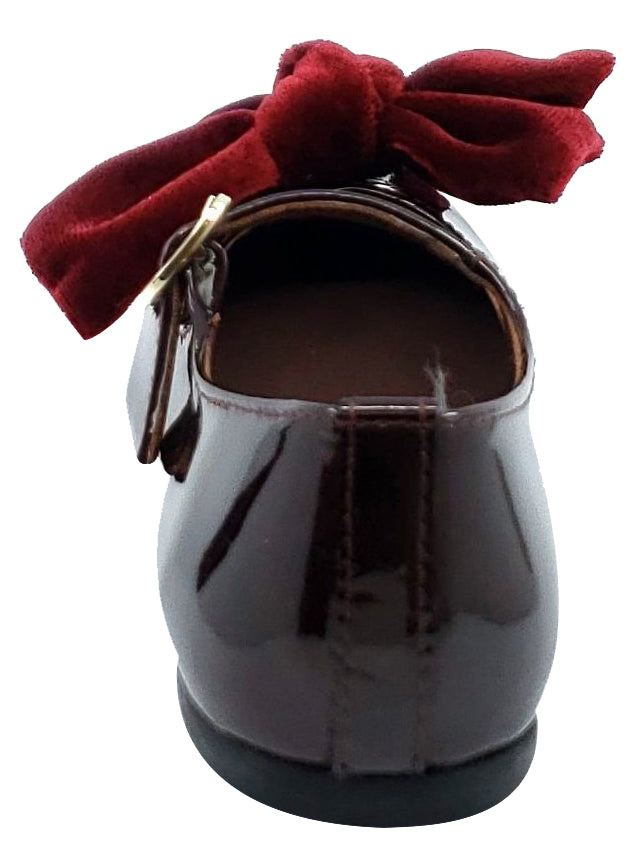 Clarys Girls Patent Leather Mary Jane Shoes with Velvet Bow - Burgundy Dress Shoes for Toddler & Little Girls - Perfect for Weddings, Parties & Special Occasions