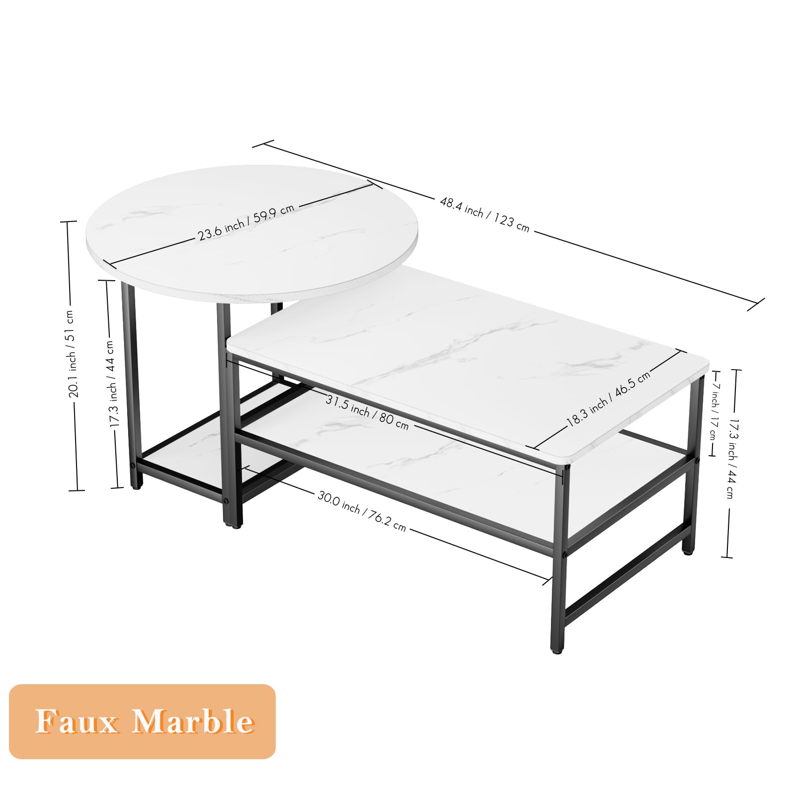 Modern White Coffee Table - Detachable Faux Marble Living Room Table for Small Spaces