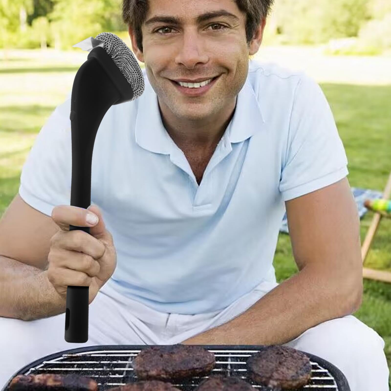 Bristle-Free Stainless Steel Grill Brush - Safe BBQ Cleaning Tool with Ergonomic Grip - Chainmail Scrubber for Outdoor Grills - Perfect for Backyard BBQs, Camping & Tailgating