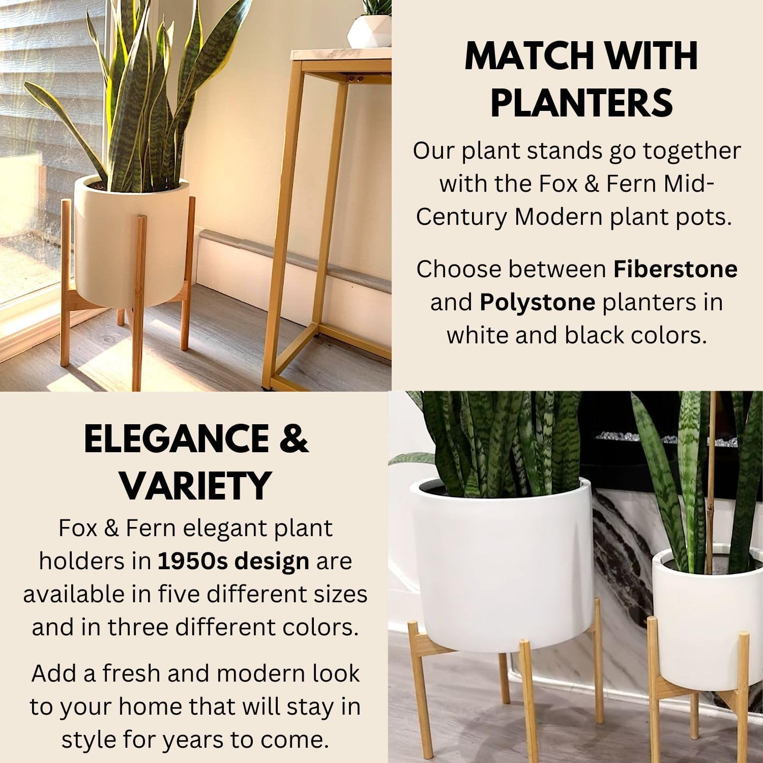 Fox & Fern 10 Inch Bamboo Plant Stand – Mid Century Modern Indoor Planter Holder with Plug-In Design & Two Height Options – Perfect for Living Room, Bedroom, or Office Decor