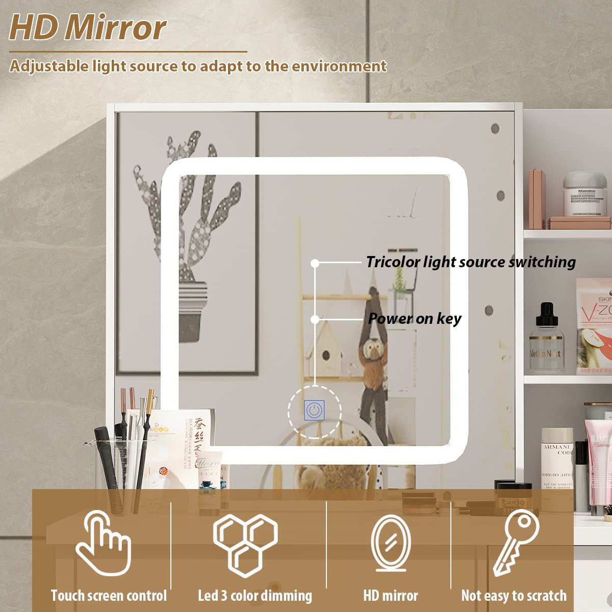 Large Vanity Table Set with Lighted Mirror - 5 Drawers & Shelves Makeup Dressing Desk with Cushioned Stool - White Vanity Set for Bedroom, Bathroom & Dorm Room Organization