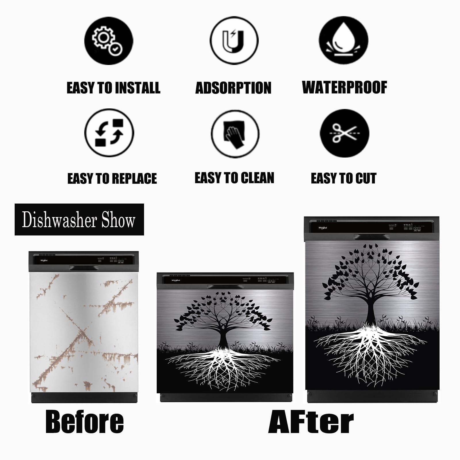 Tree of Life Dishwasher Cover Magnet Decor - 23x26 Inch Large Polishing Metal Dishwasher Front Panel - Black Kitchen Appliance Decal - Silver Magnetic Sticker for Refrigerator & Dishwasher - Perfect for Modern Kitchen Decor & Home Improvement