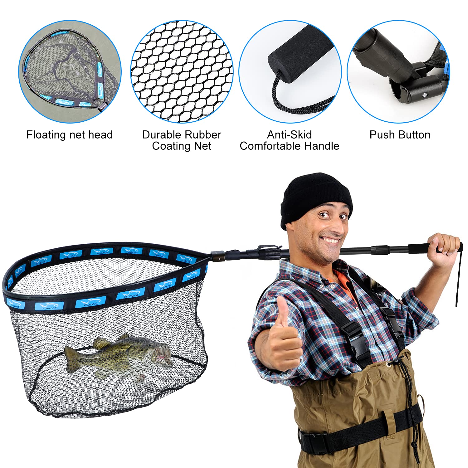 PLUSINNO Floating Fishing Net for Steelhead, Salmon, Fly, Kayak, Bass, Trout & Catfish - Rubber Coated Landing Net for Easy Catch & Release - Lightweight & Portable for Kayak Fishing & Outdoor Adventures