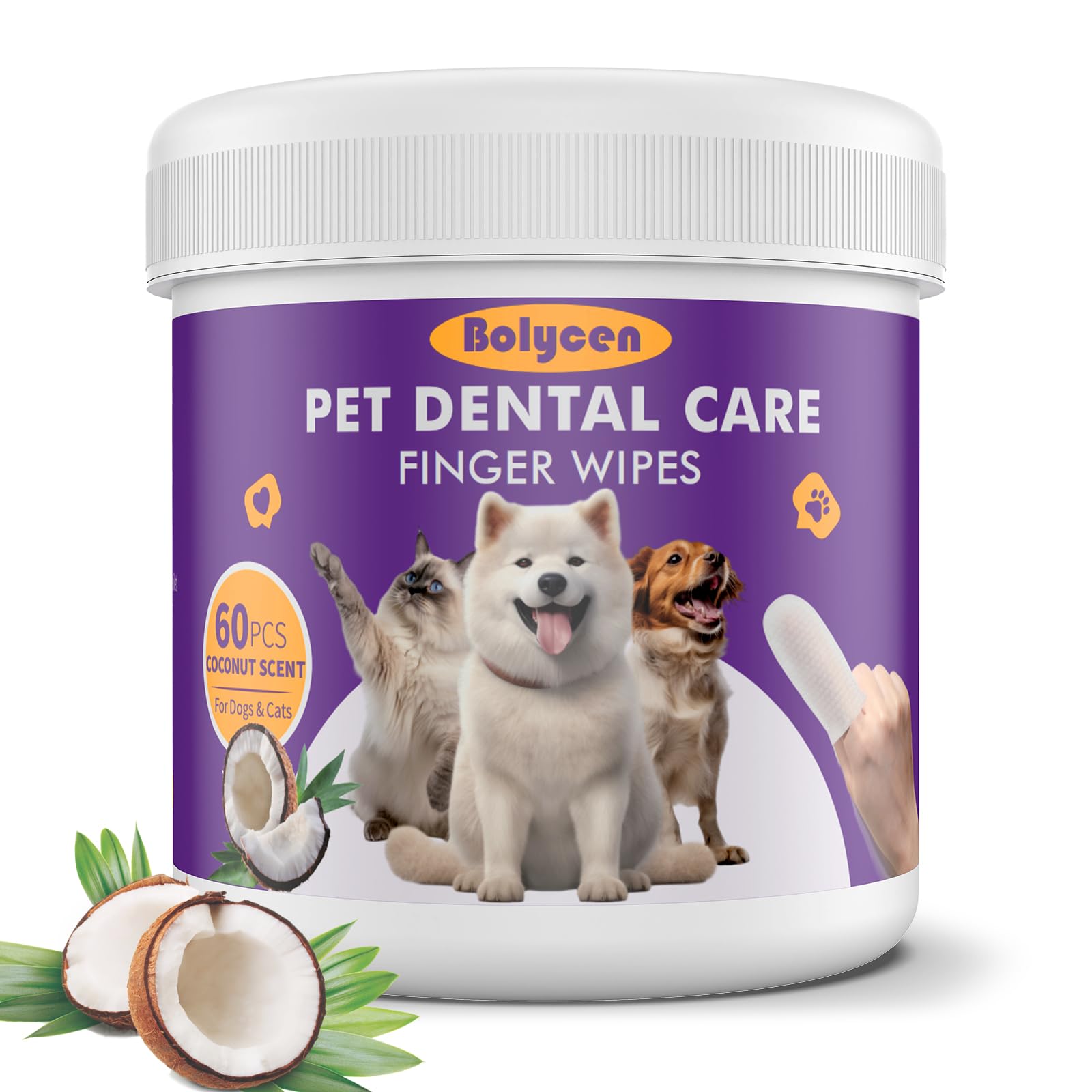 Pet Dental Finger Wipes for Dogs & Cats - 60 Count Coconut Scented Teeth Cleaning Wipes - Remove Plaque, Tartar & Freshen Breath - No Rinse Disposable Finger Toothbrush - Perfect for Travel, Home & Vet Visits